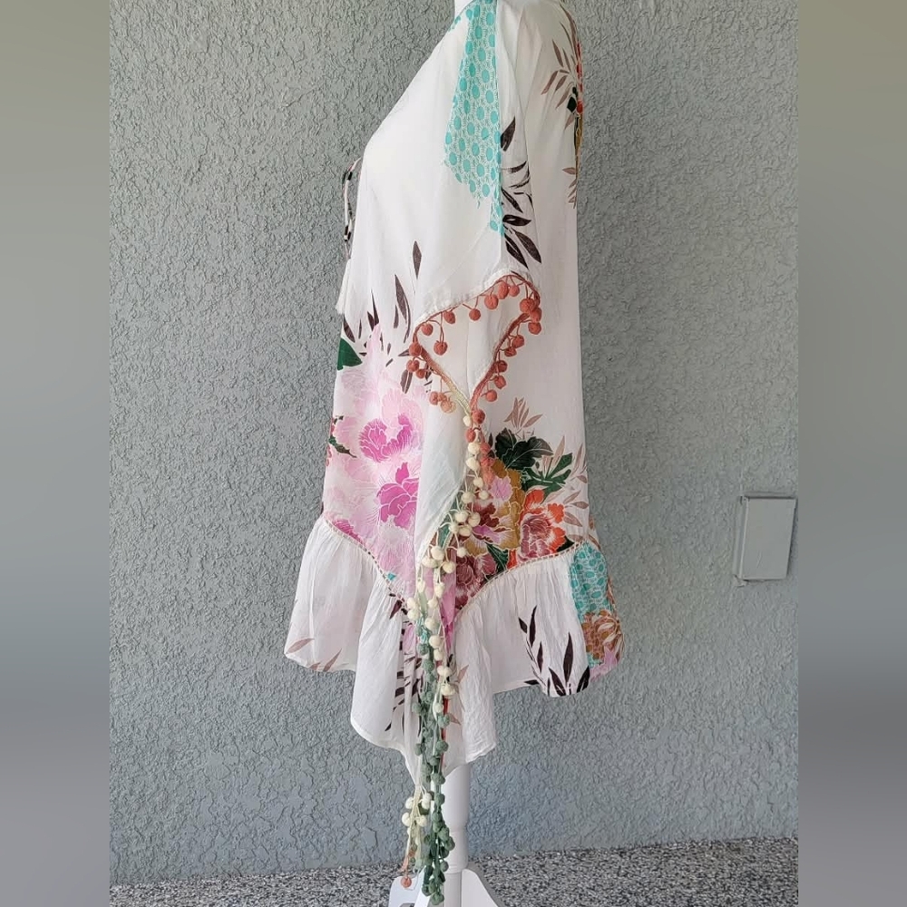 Z&L Made With Love Floral Boho Tunic Top XL | Sheer Cotton Kaftan Blouse Tassel - Picture 6 of 9